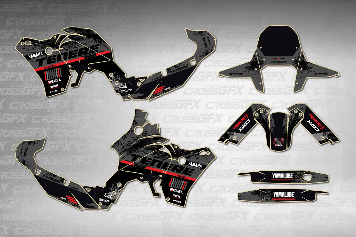 Graphics for Yamaha Tenere 700 2019-2024 - Rebel Grey - flat layout showing all decal pieces included