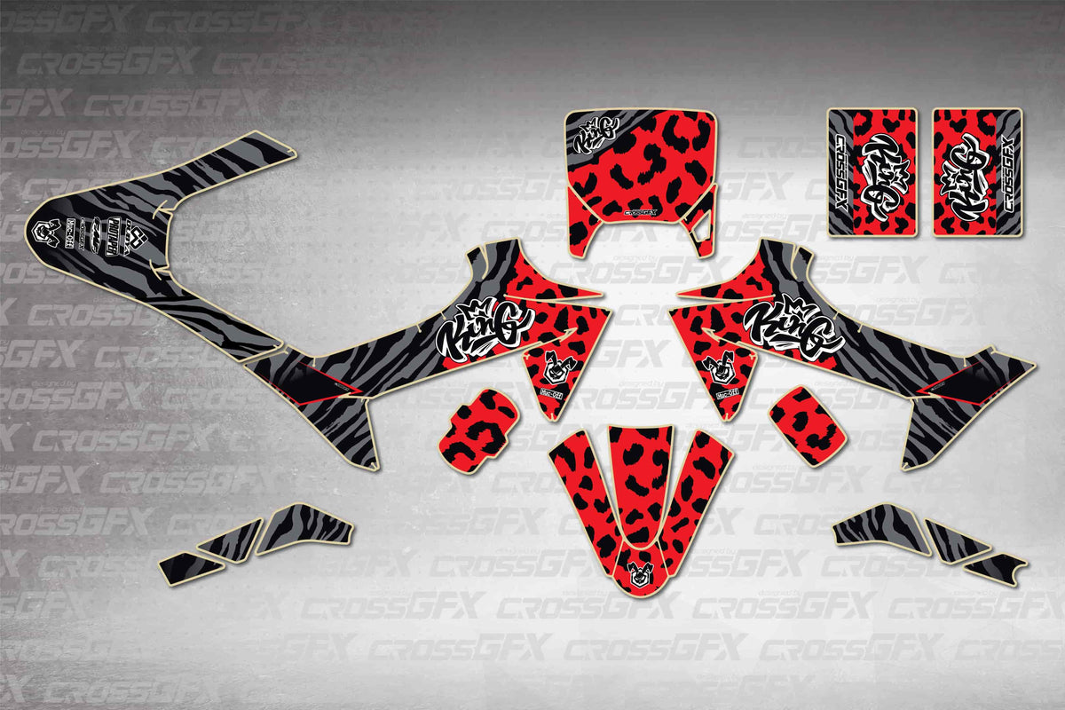 KTM SX-E 2 2024-2026 Panther Red graphics kit - flat layout showing all decal pieces included