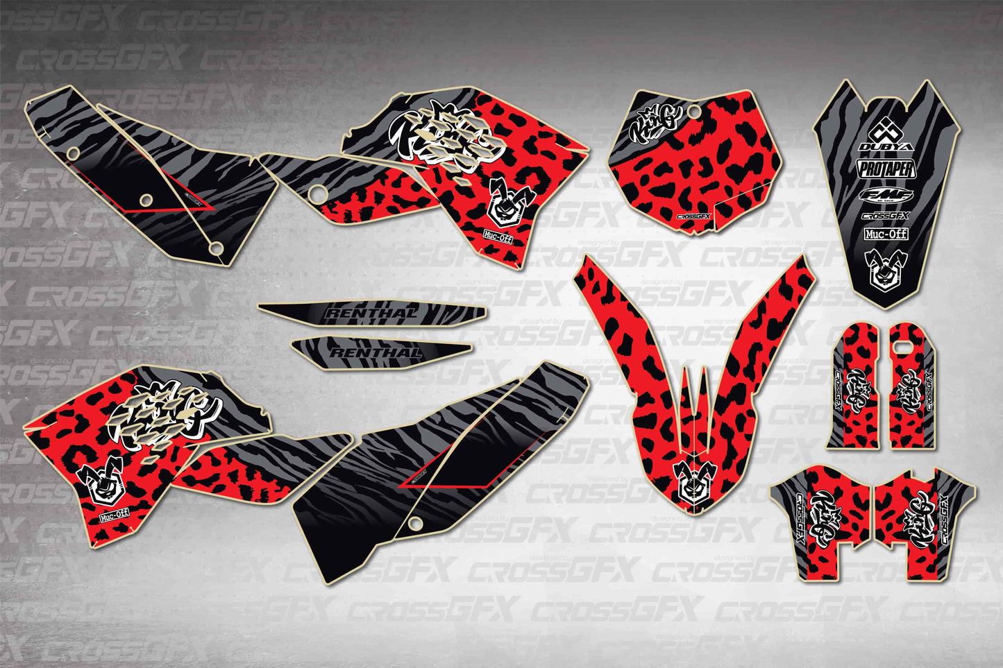 KTM XC-F 2008-2010 Panther Red graphics kit - flat layout showing all decal pieces included