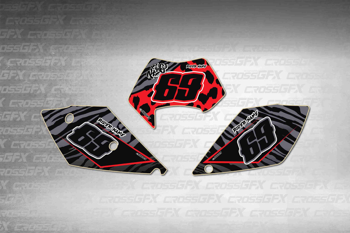 Graphics for KTM EXC 2005-2007 - Panther Red number plate decals - flat layout showing all pieces included