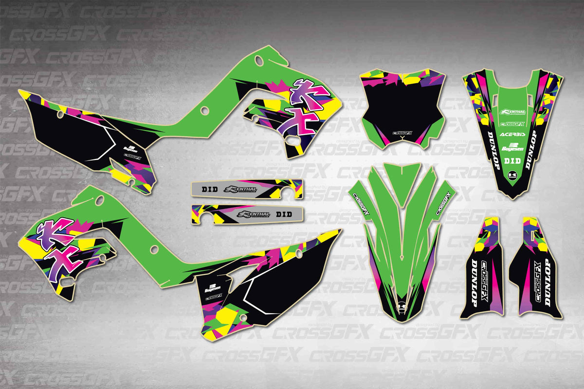 Graphics for Kawasaki KX 250 Polisport 2003-2008 - Retro Green - flat layout showing all decal pieces included