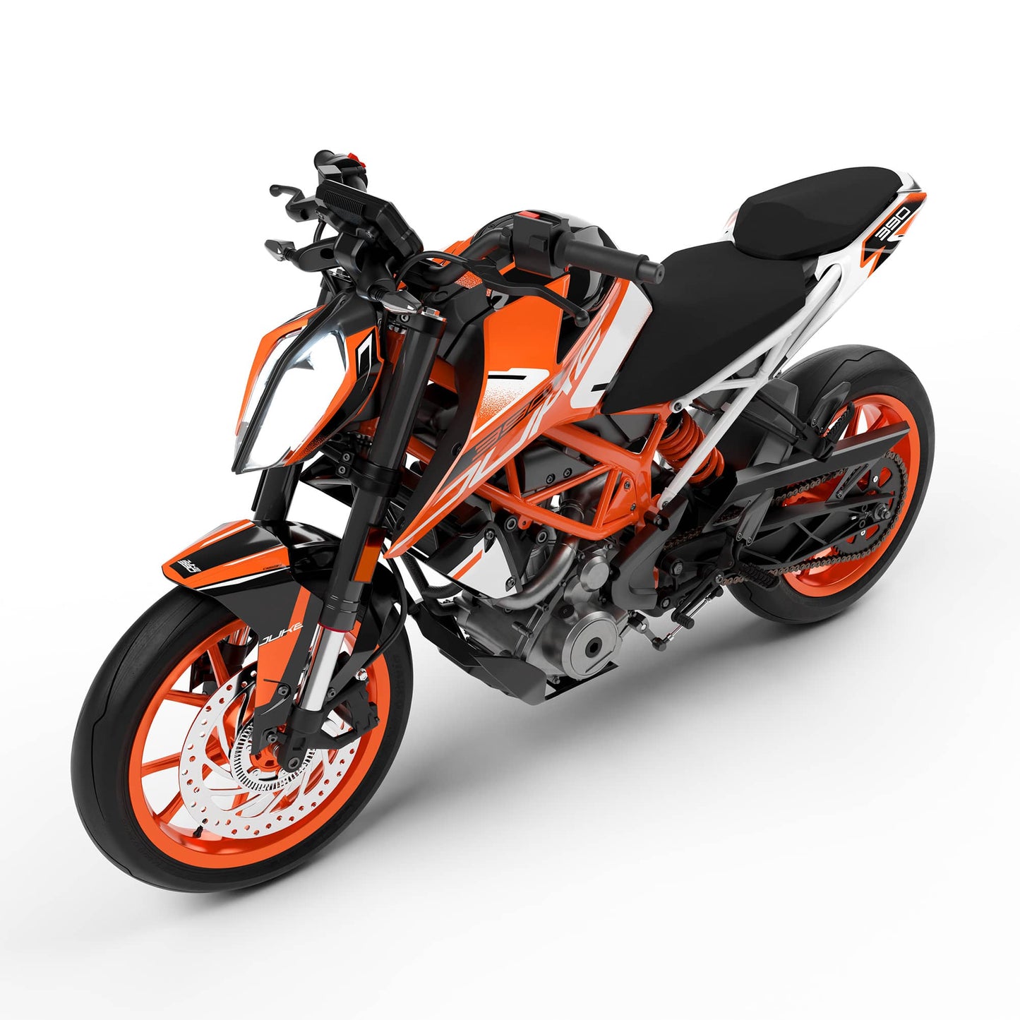 Left view of the Flow Orange graphics details on a KTM Duke.
