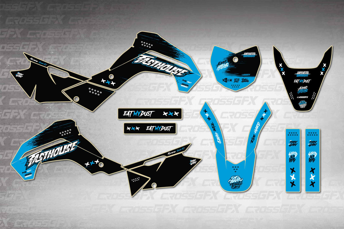 Graphics for Kawasaki KLX 140 R/RL 2021-2025 - Savage Blue - flat layout showing all decal pieces included