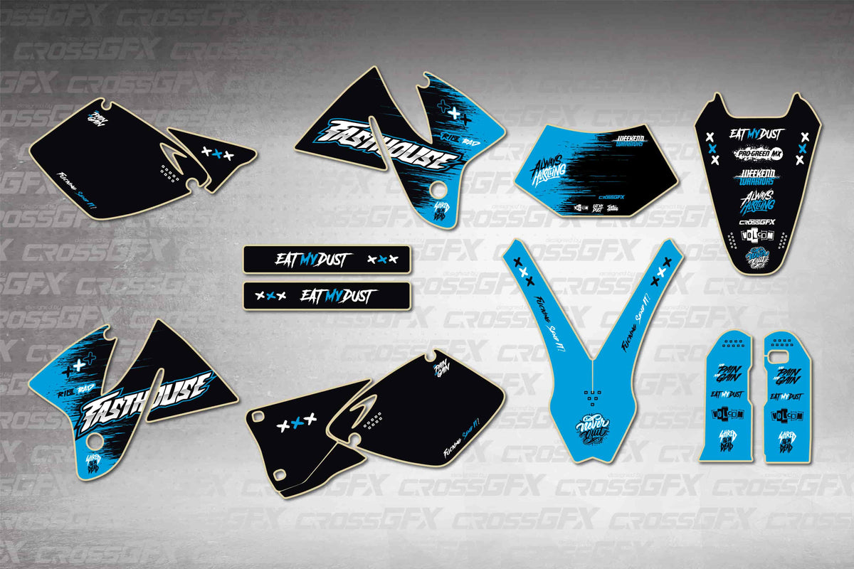 Graphics for KTM EXC 1998-2000 - Savage Blue - flat layout showing all decal pieces included