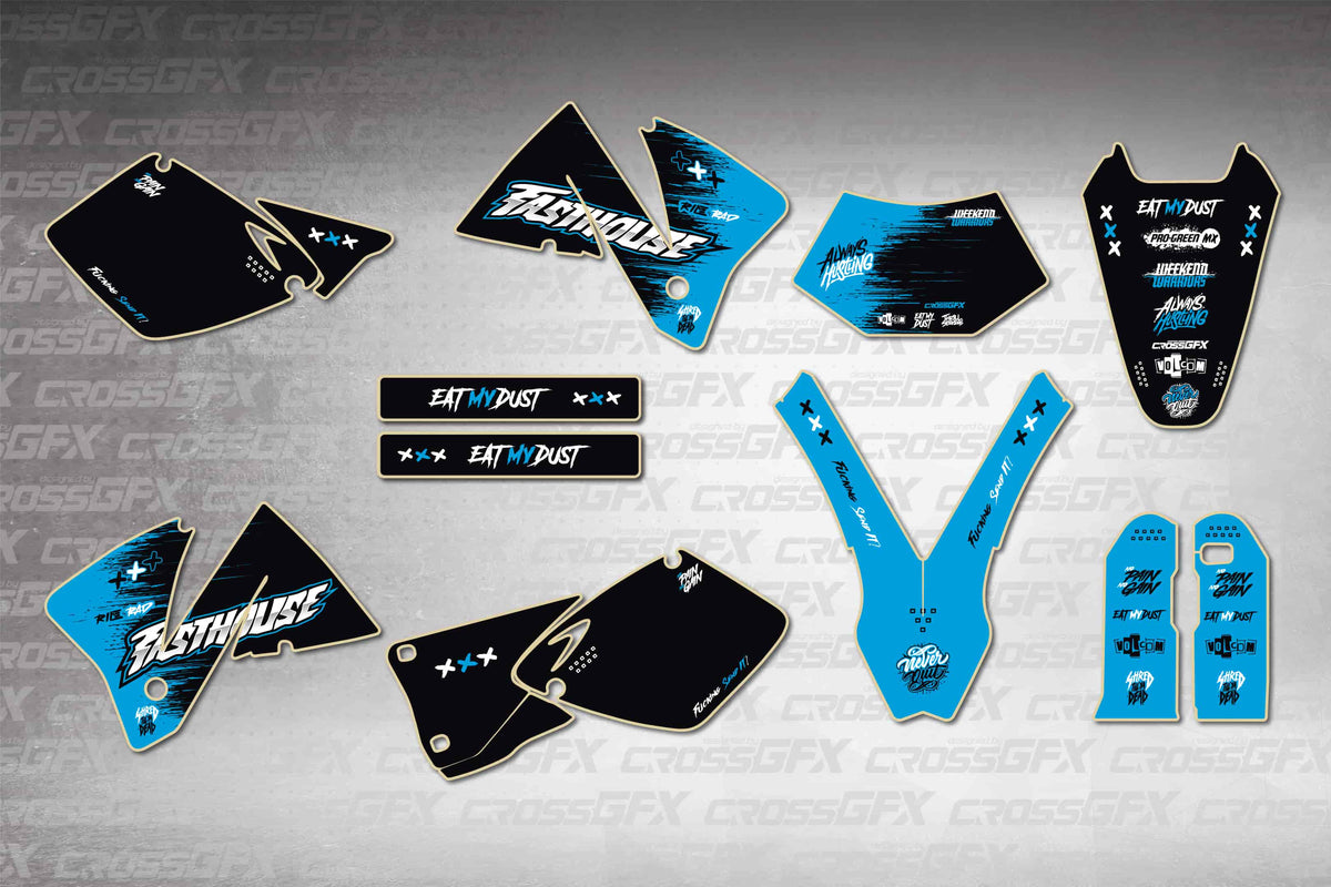 Graphics for KTM EXC 2001-2002 - Savage Blue - flat layout showing all decal pieces included