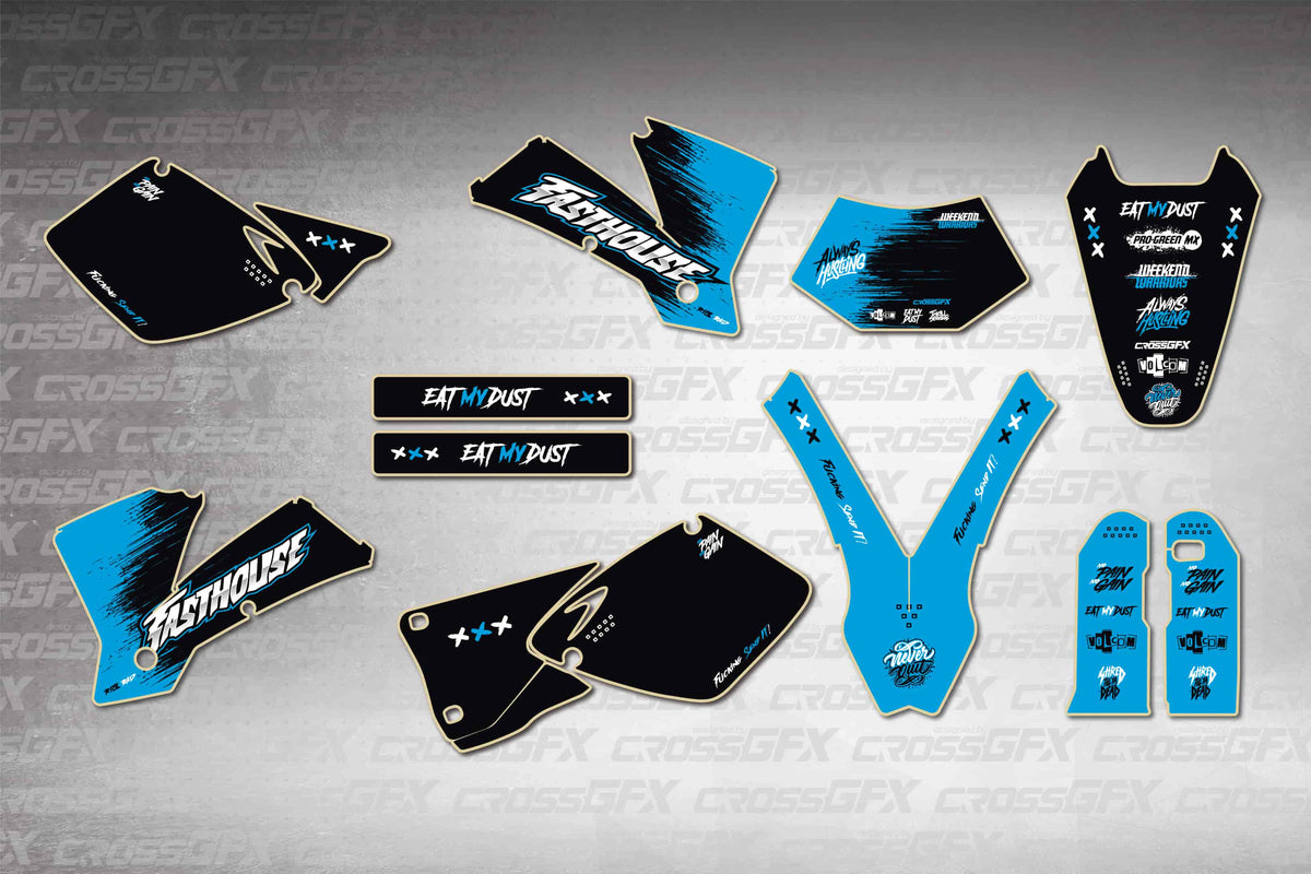 Graphics for KTM EXC 2003 - Savage Blue - flat layout showing all decal pieces included