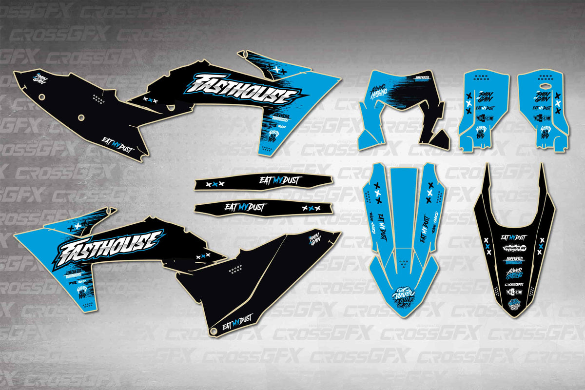 Graphics for KTM XCF-W 2024-2025 - Savage Blue - flat layout showing all decal pieces included