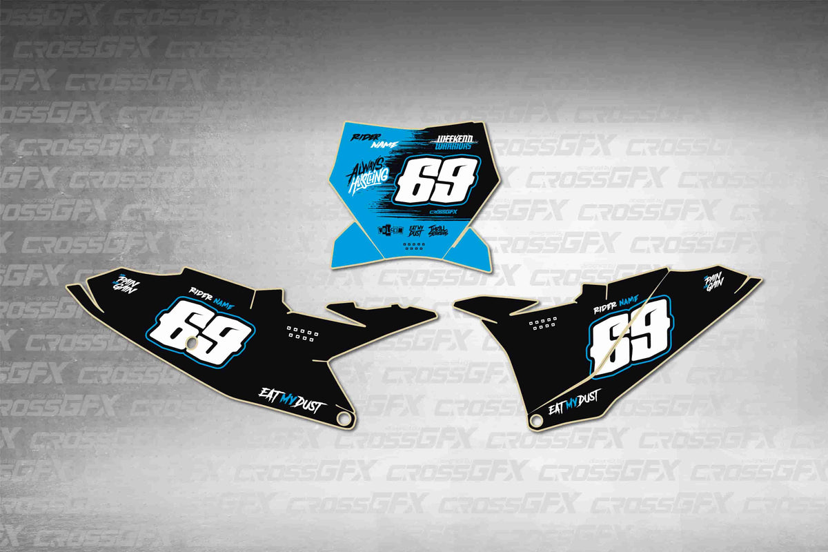 Graphics for KTM 85 SX 2025-2026 - Savage Blue number plate decals - flat layout showing all pieces included