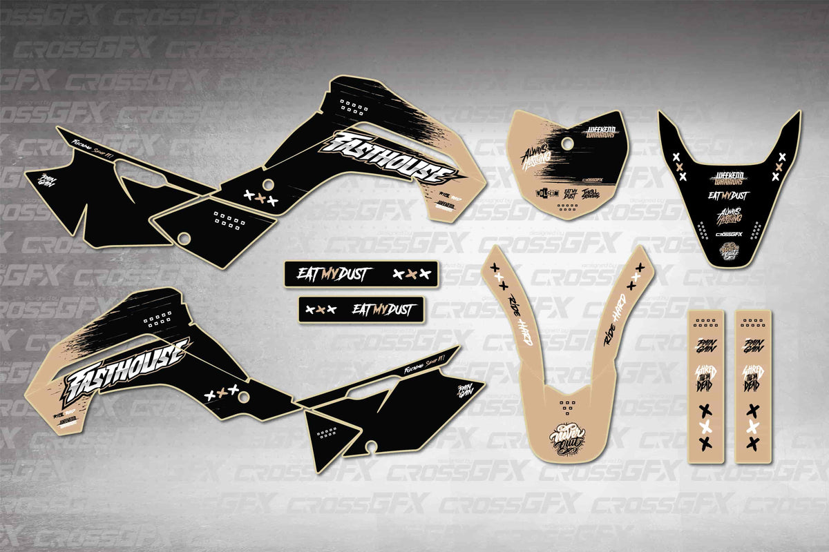Graphics for Kawasaki KLX 140 2019-2022 - Savage Brown - flat layout showing all decal pieces included