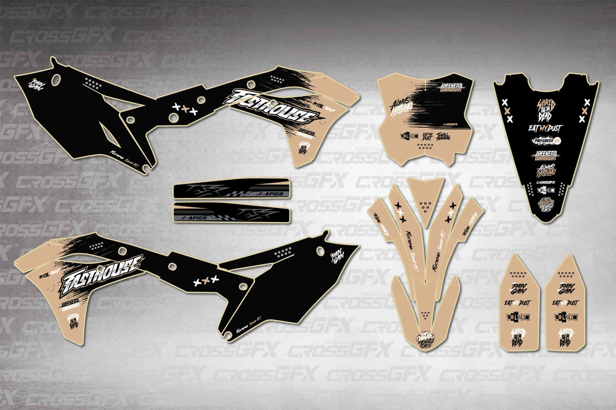 Graphics for Kawasaki KX 250F 2017-2020 - Savage Brown - flat layout showing all decal pieces included