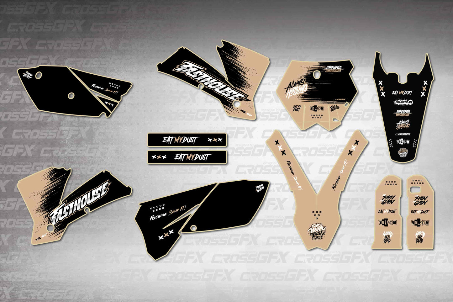 Savage Brown graphics kit for KTM SX 2003-2004, flat layout showing all pieces