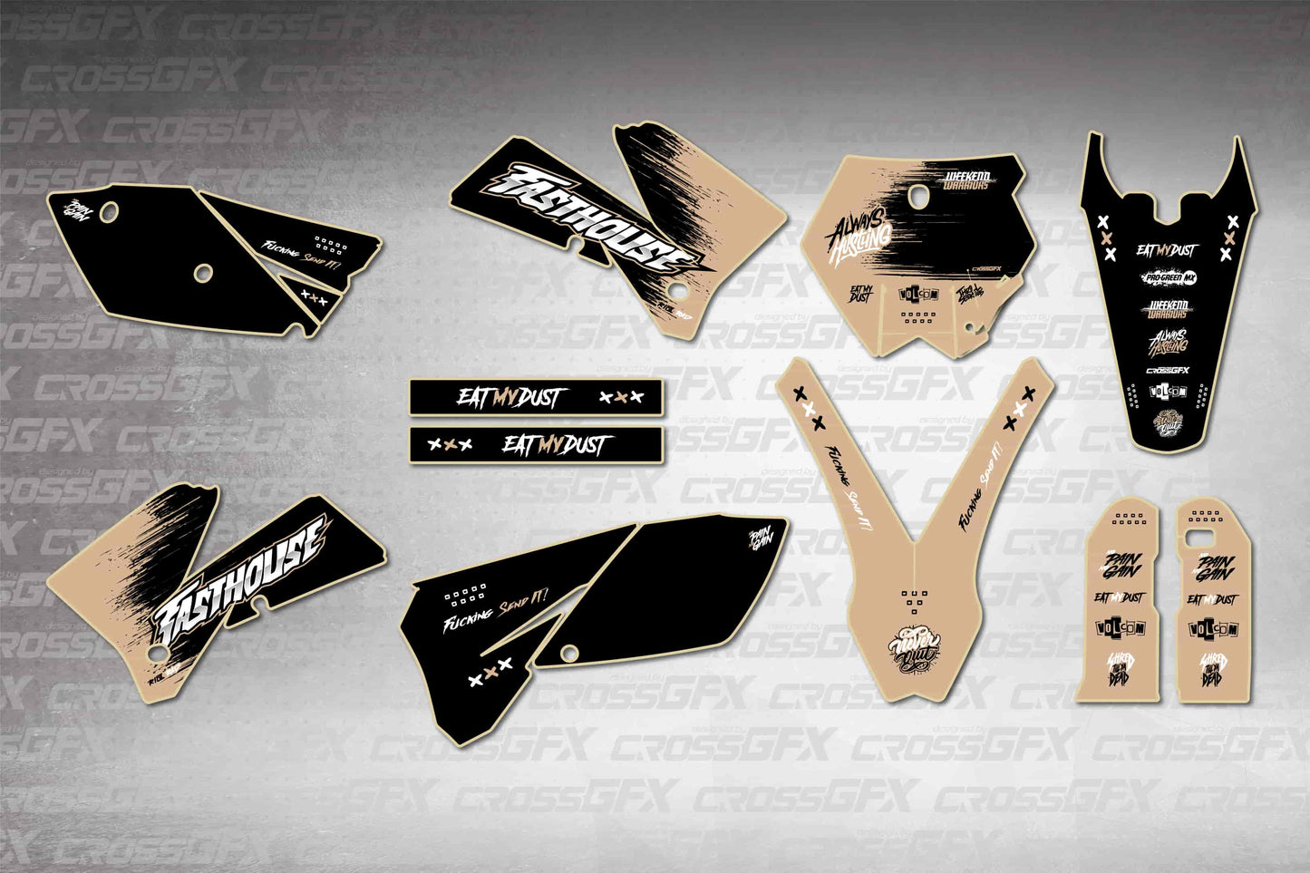 KTM SX 2005-2006 Savage Brown graphics kit - flat layout showing all decal pieces included