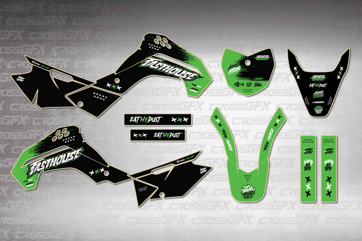 Graphics for Kawasaki KLX 140 2008-2018 - Savage Green - flat layout showing all decal pieces included