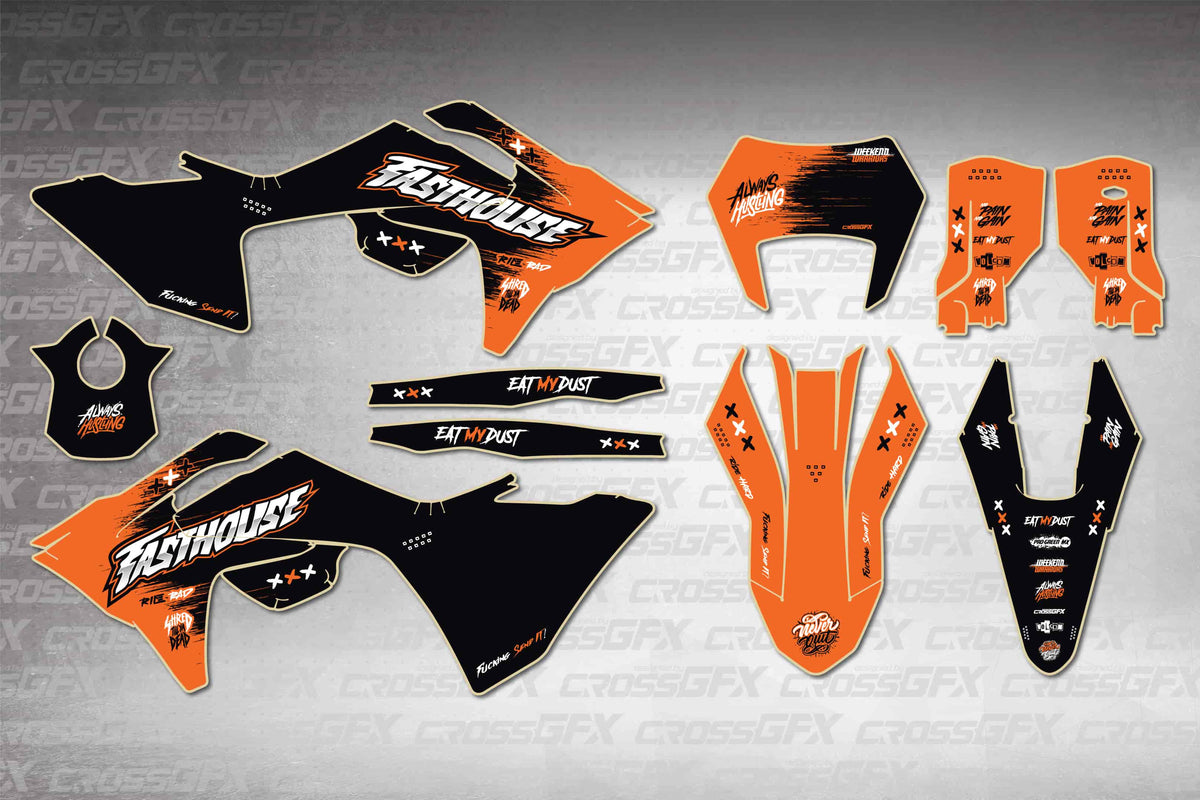 GasGas EC 2024-2026 Savage Orange graphics kit - flat layout showing all decal pieces included