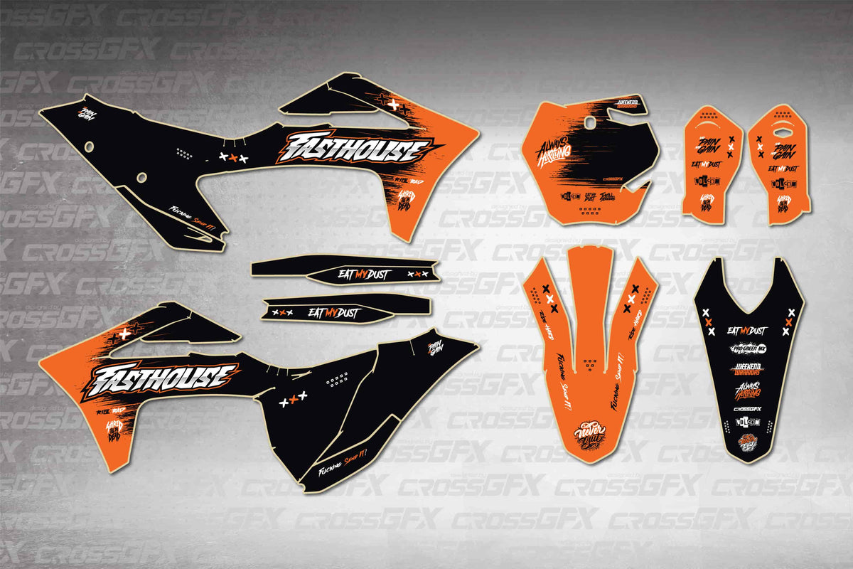 GasGas EX 2021-2023 Savage Orange graphics kit - flat layout showing all decal pieces included