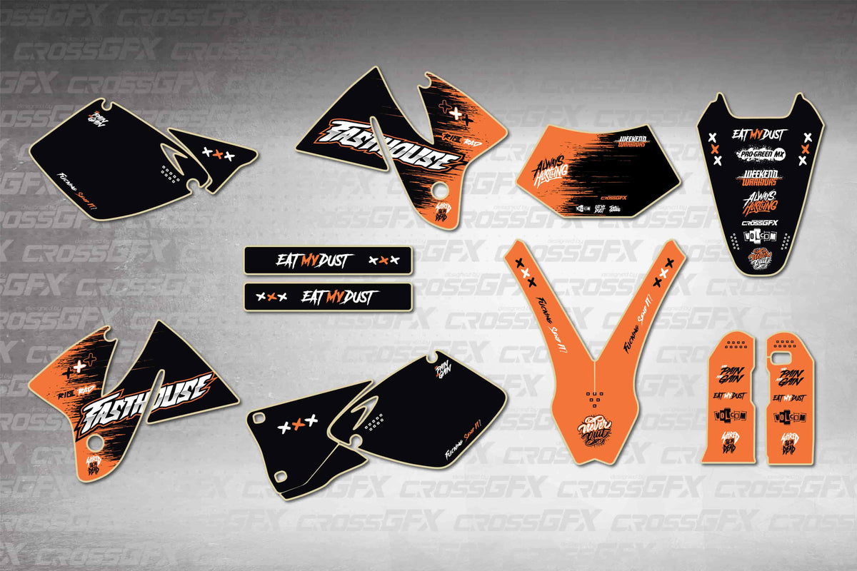 Graphics for KTM EXC 1998-2000 - Savage Orange - flat layout showing all decal pieces included
