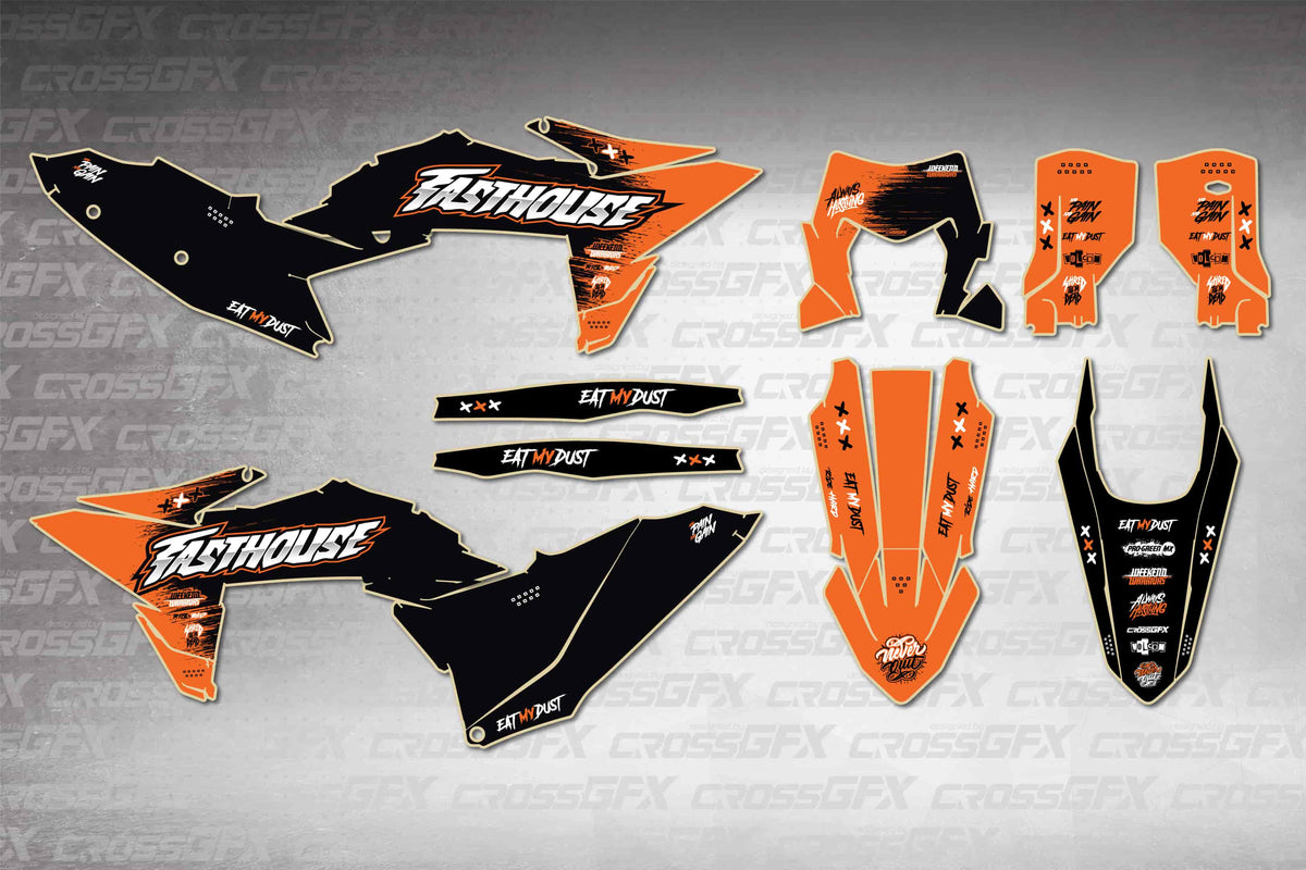 Graphics for KTM EXC-F 2026 - Savage Orange - flat layout showing all decal pieces included