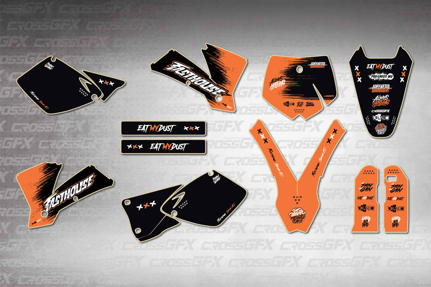 Savage Orange flat layout graphics kit for KTM SX 2002 - semi-custom motocross decals
