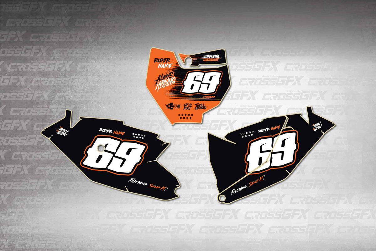 Graphics for KTM 85 SX 2018-2024 - Savage Orange number plate decals - flat layout showing all pieces included