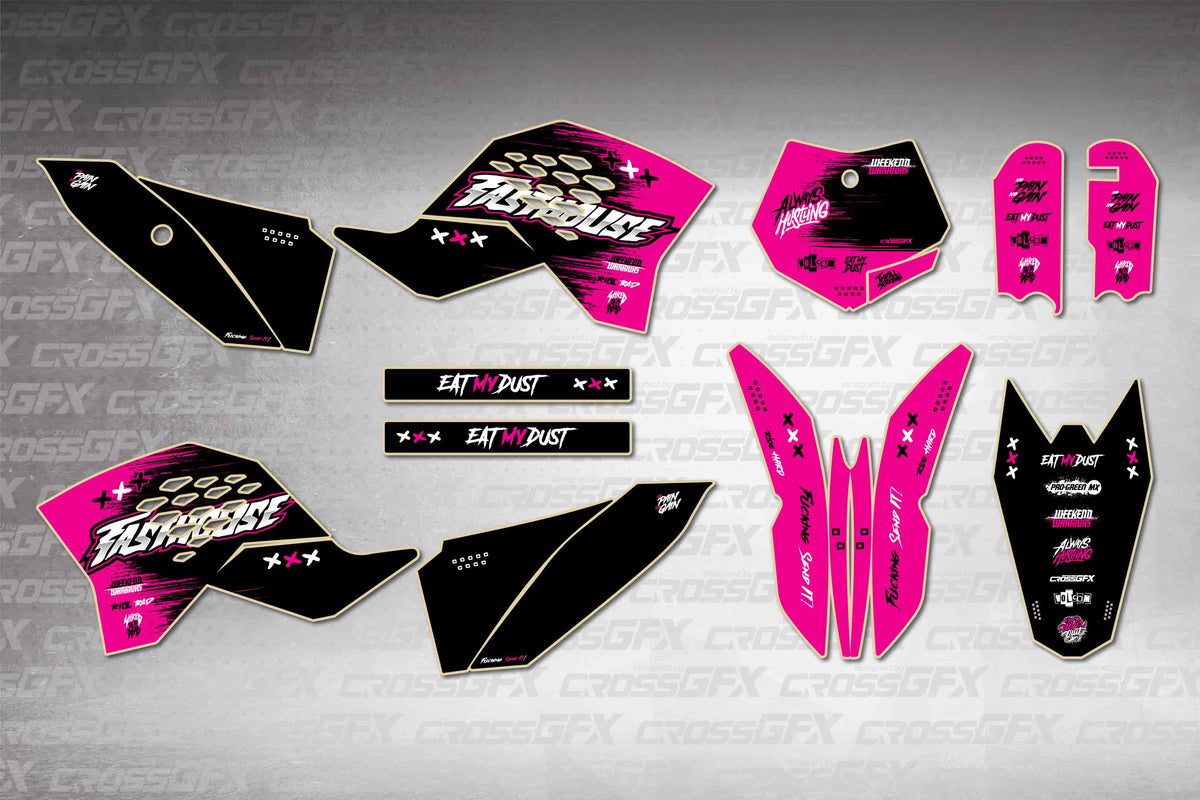 Graphics for KTM 50 SX 2009-2015 - Savage Pink - flat layout showing all decal pieces included