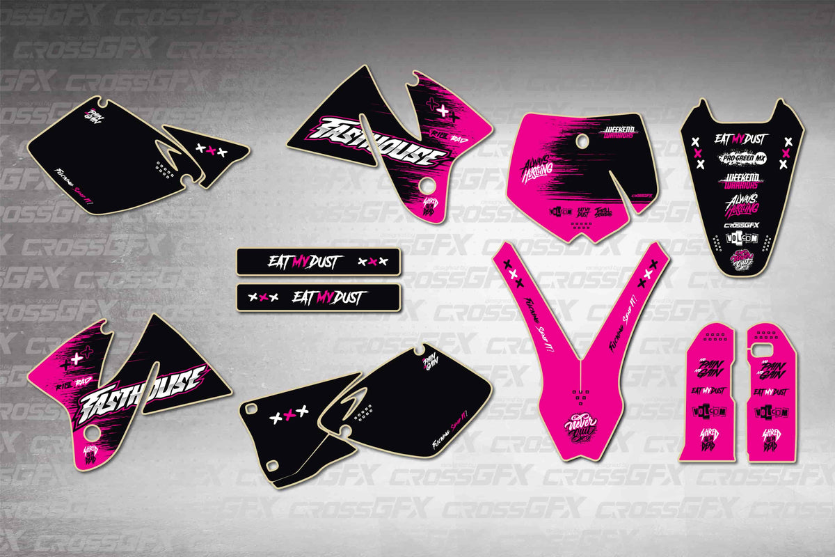 Graphics for KTM SX 2001 Old Style - Savage Pink - flat layout showing all decal pieces included