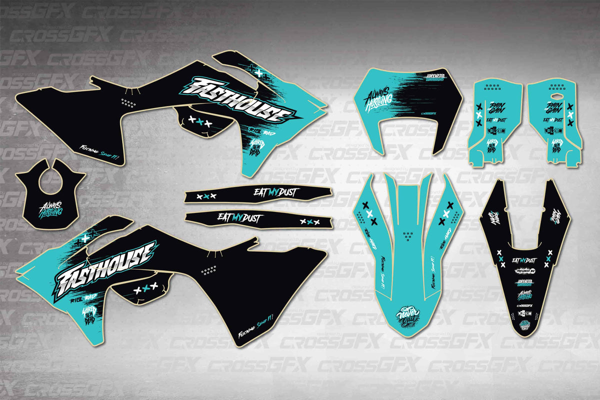GasGas EC 2024-2026 Savage Teal graphics kit - flat layout showing all decal pieces included