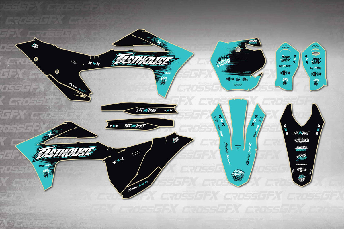 GasGas MC 2021-2023 Savage Teal graphics kit - flat layout showing all decal pieces included