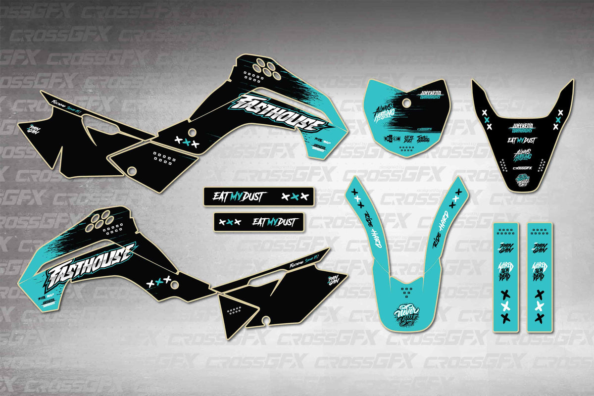Graphics for Kawasaki KLX 140 2008-2018 - Savage Teal - flat layout showing all decal pieces included