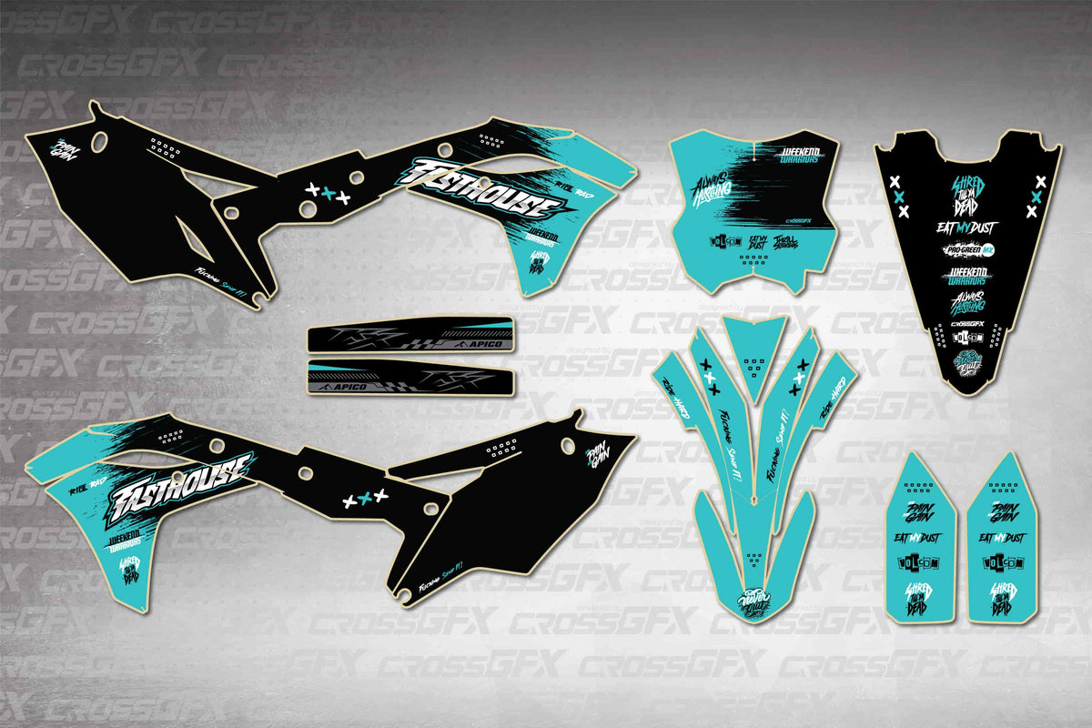 Graphics for Kawasaki KX 250F 2017-2020 - Savage Teal - flat layout showing all decal pieces included