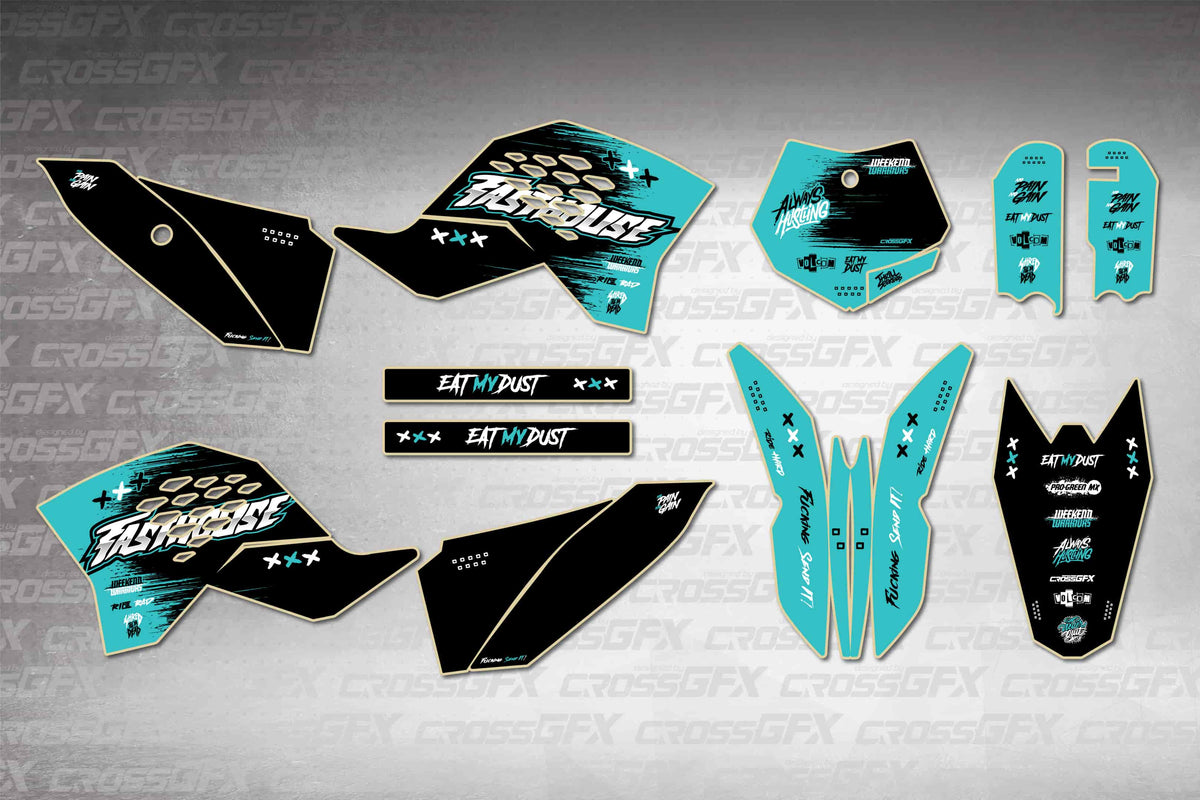 Graphics for KTM 50 SX 2009-2015 - Savage Teal - flat layout showing all decal pieces included