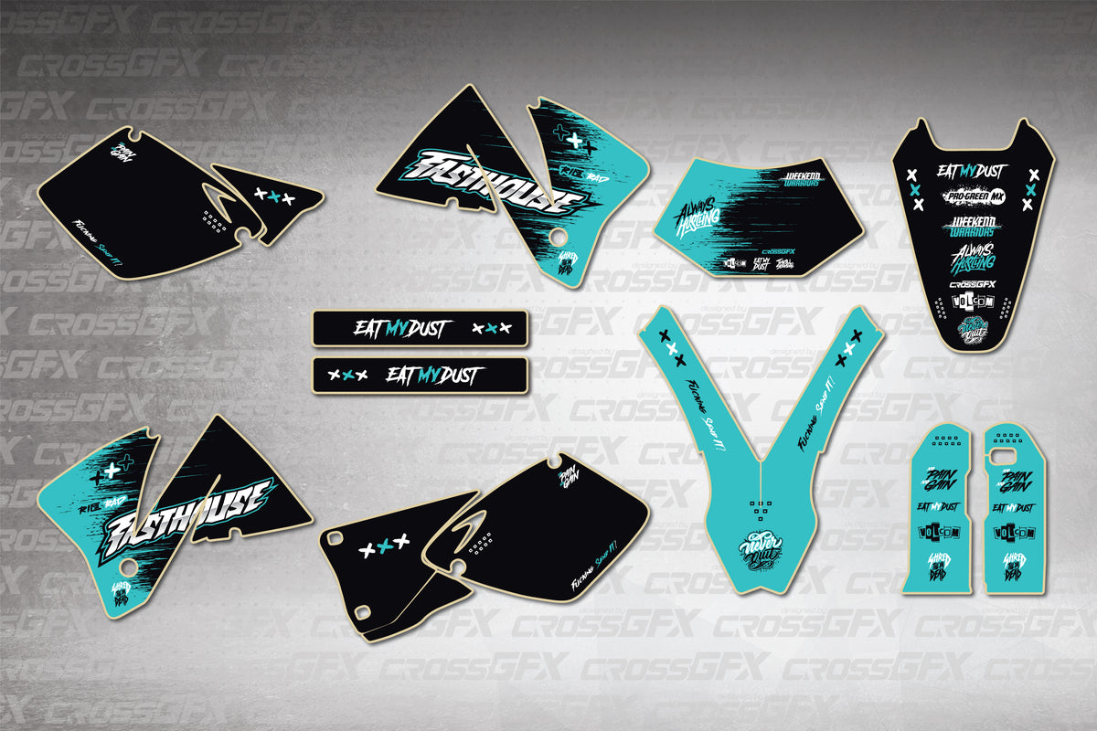 Graphics for KTM EXC 2001-2002 - Savage Teal - flat layout showing all decal pieces included