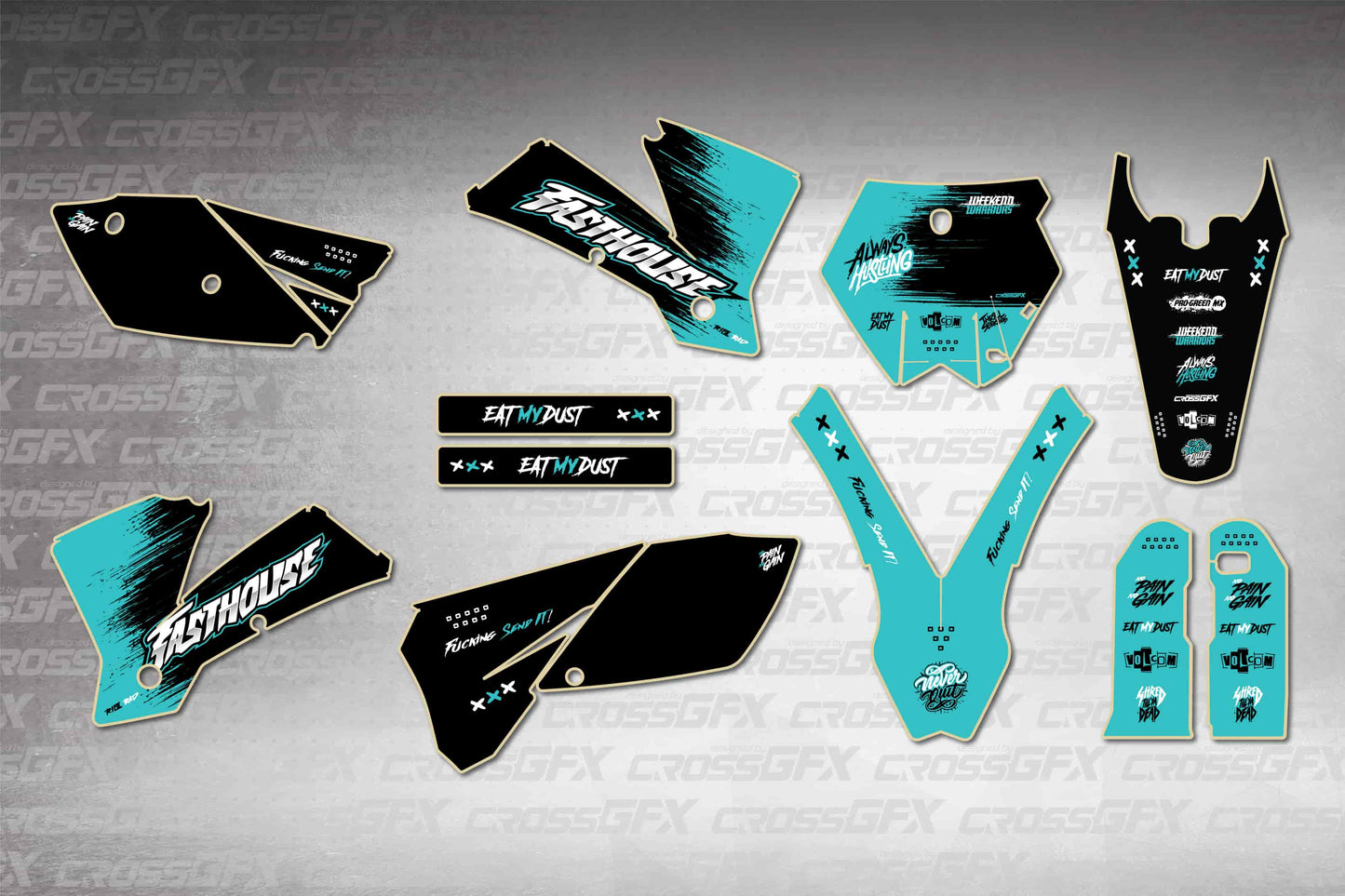 Savage Teal graphics kit for KTM SX 2003-2004, flat layout showing all pieces