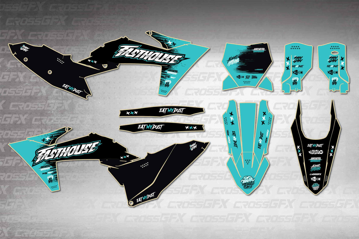 Graphics for KTM SX 2023-2024 - Savage Teal - flat layout showing all decal pieces included