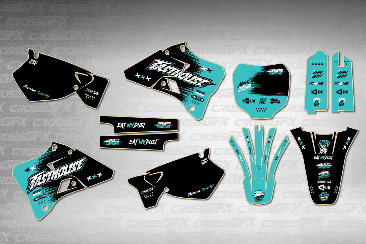 Graphics for Yamaha YZ 250 2000-2001 - Savage Teal - flat layout showing all decal pieces included