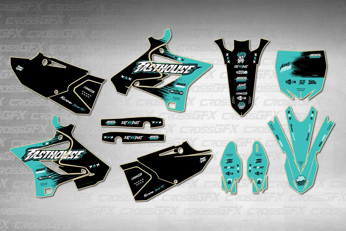 Graphics for Yamaha YZ 250 2015-2021 - Savage Teal - flat layout showing all decal pieces included