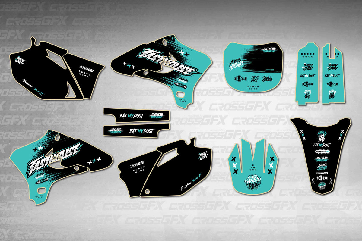 Graphics for Yamaha YZ 250F 2003-2004 - Savage Teal - flat layout showing all decal pieces included