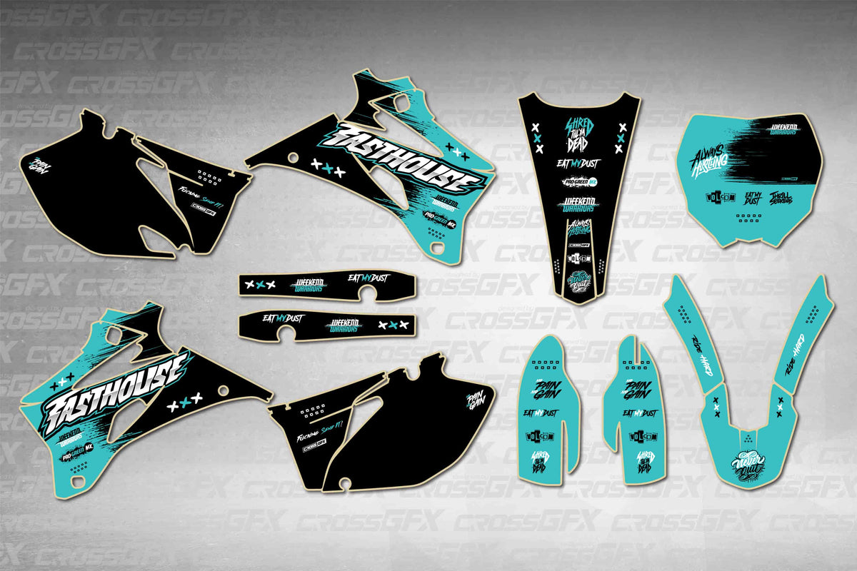 Graphics for Yamaha YZ 250F 2008-2009 - Savage Teal - flat layout showing all decal pieces included
