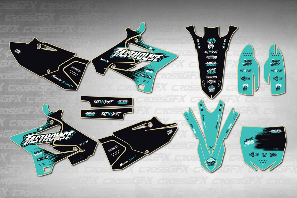 Graphics for Yamaha YZ 250 Polisport 2008-2014 - Savage Teal - flat layout showing all decal pieces included