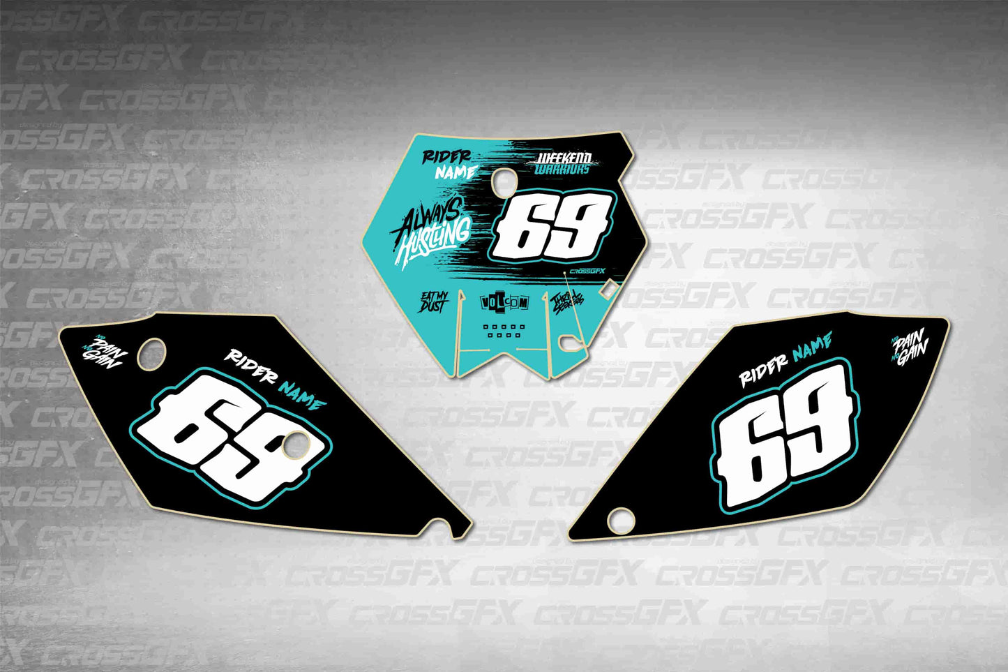 Savage Teal number plate decals for KTM SX 2003-2004, flat layout