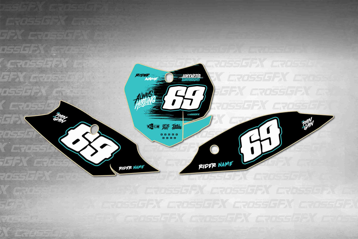 Graphics for KTM XC 2013-2016 - Savage Teal number plate decals - flat layout showing all pieces included