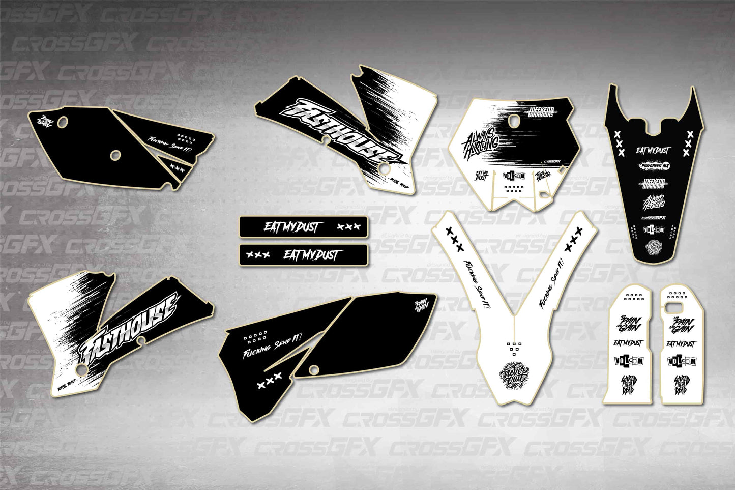 Savage White graphics kit for KTM SX 2003-2004, flat layout showing all pieces