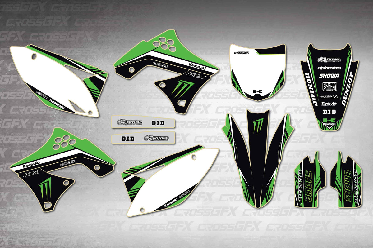Graphics for Kawasaki KX 250F 2009-2012 - Shift Green - flat layout showing all decal pieces included