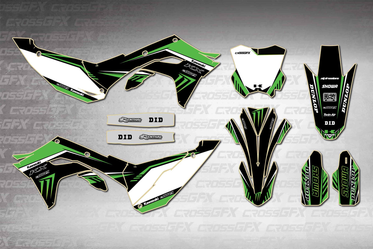 Graphics for Kawasaki KX 250X 2025-2026 - Shift Green - flat layout showing all decal pieces included