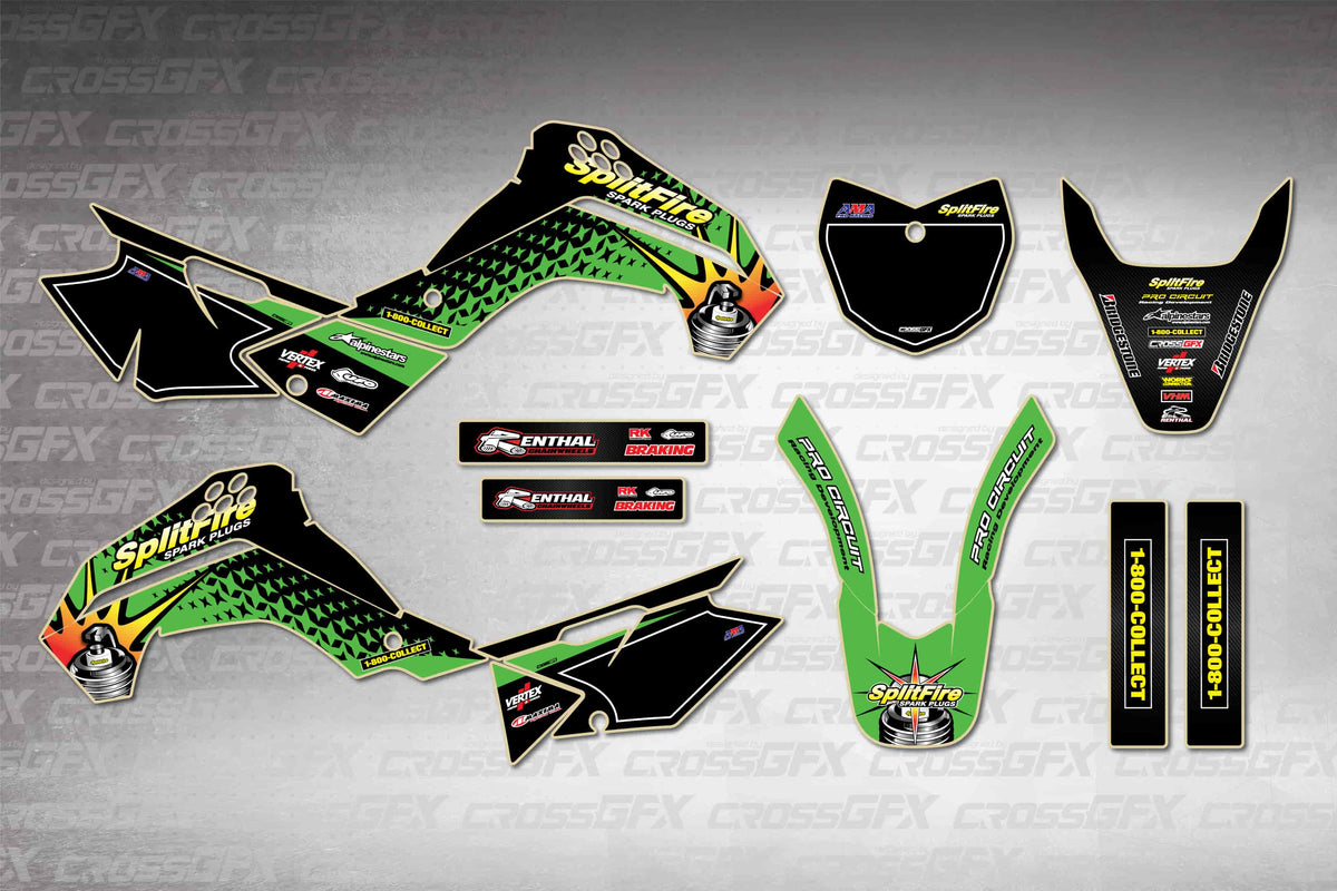 Graphics for Kawasaki KLX 140 2008-2018 - Spark Plug - flat layout showing all decal pieces included