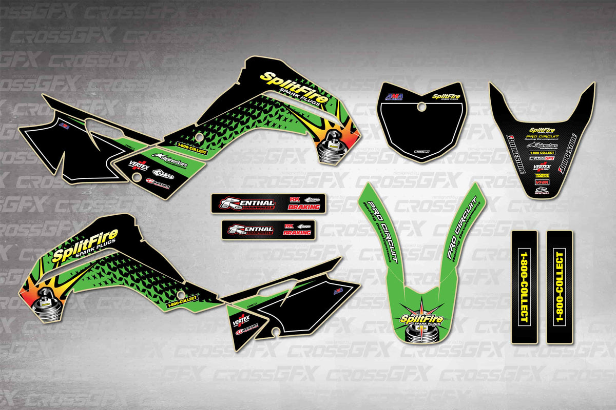Graphics for Kawasaki KLX 140 2019-2022 - Spark Plug - flat layout showing all decal pieces included