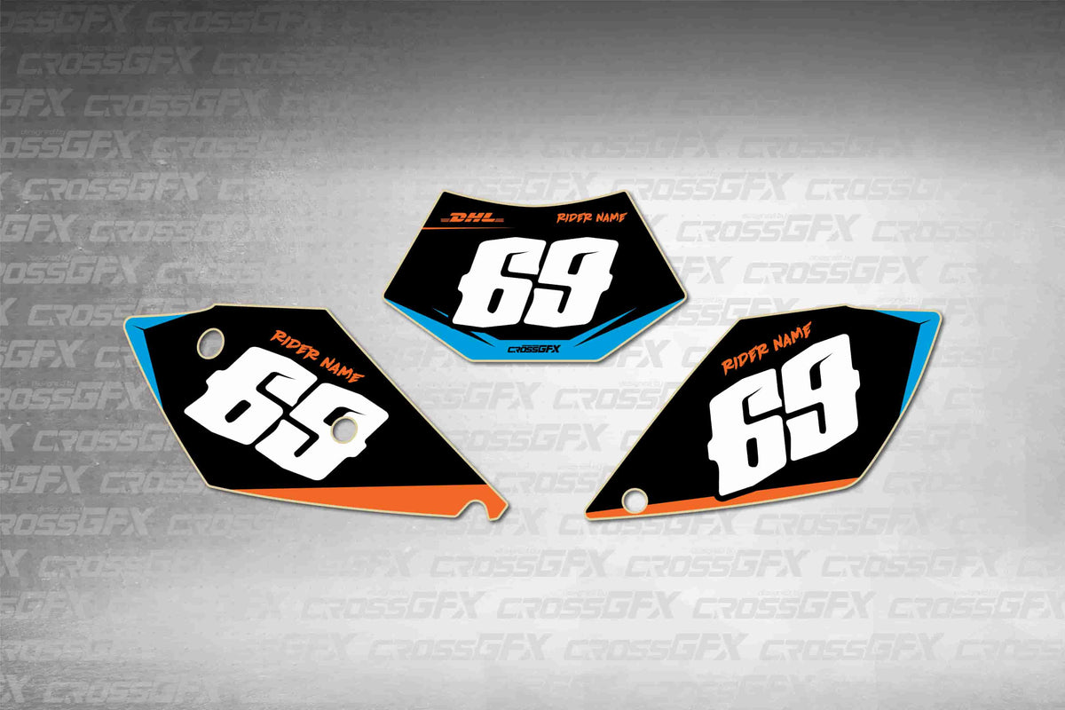 Graphics for KTM EXC 2004 - Sprint Blue number plate decals - flat layout showing all pieces included