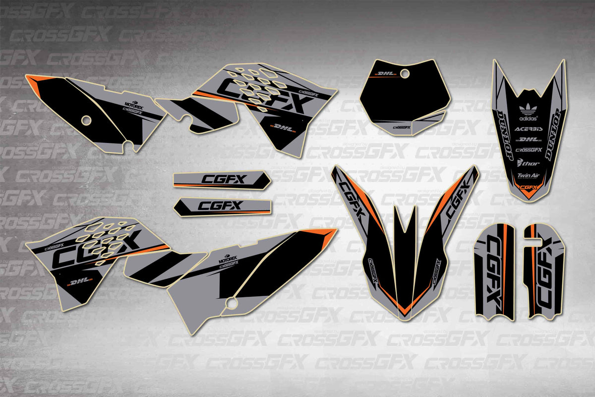 Graphics for KTM 65 SX 2009-2015 - Sprint Grey - flat layout showing all decal pieces included