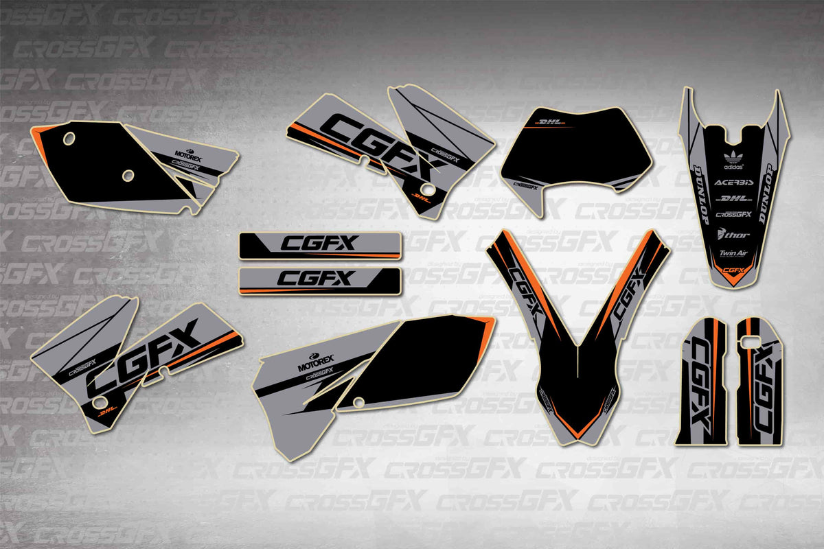 Graphics for KTM EXC-F 2006-2007 - Sprint Grey - flat layout showing all decal pieces included