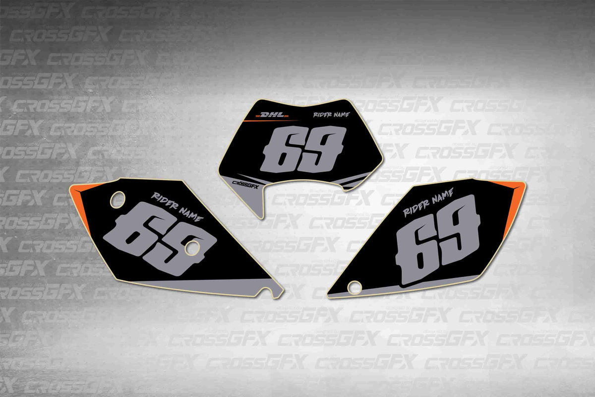 Graphics for KTM EXC-F 2006-2007 - Sprint Grey number plate decals - flat layout showing all pieces included