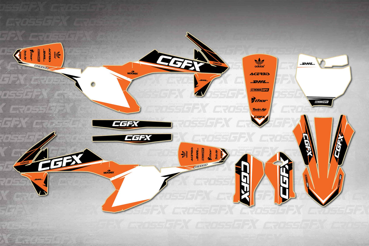KTM SX-E 5 2020-2024 Sprint Orange graphics kit - flat layout showing all decal pieces included